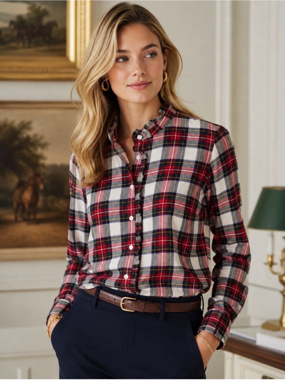 J.Crew Plaid Ruffle Front Button-Up Blouse Holiday Red Navy White 100% Cotton M
